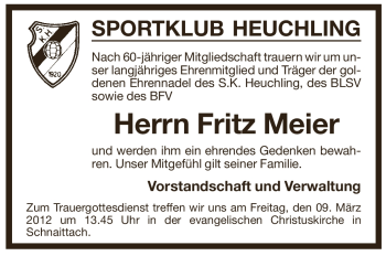Traueranzeige von Fritz Meier von Pegnitz-Zeitung